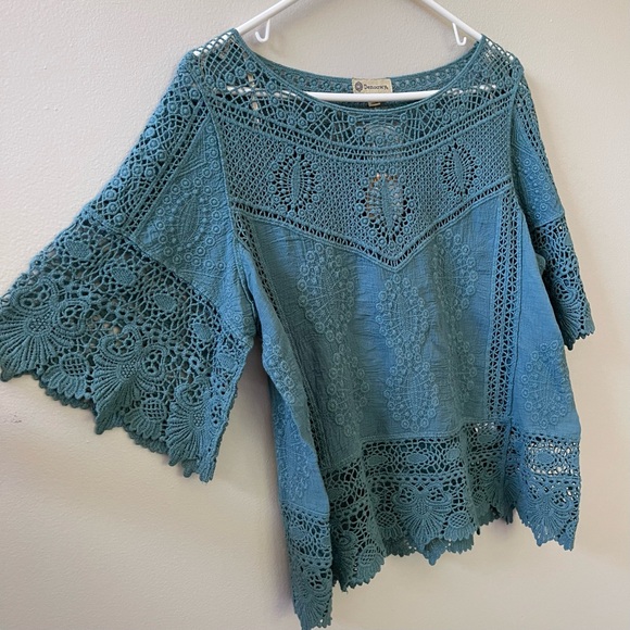 Democracy Green/Blue Crochet Cotton Boho Blouse Top Sz S - Picture 3 of 10